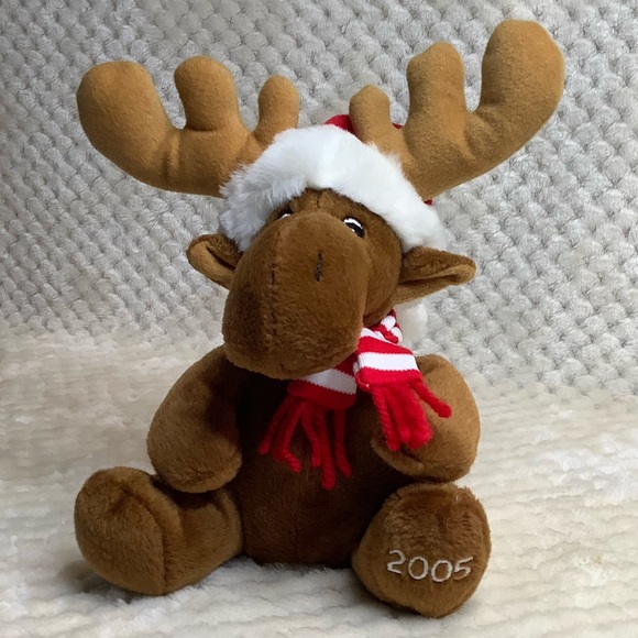SEARS Vintage 2005 Plush Kris Moose Stuffed Animal Toy Santa Hat and Scarf - Picture 5 of 9